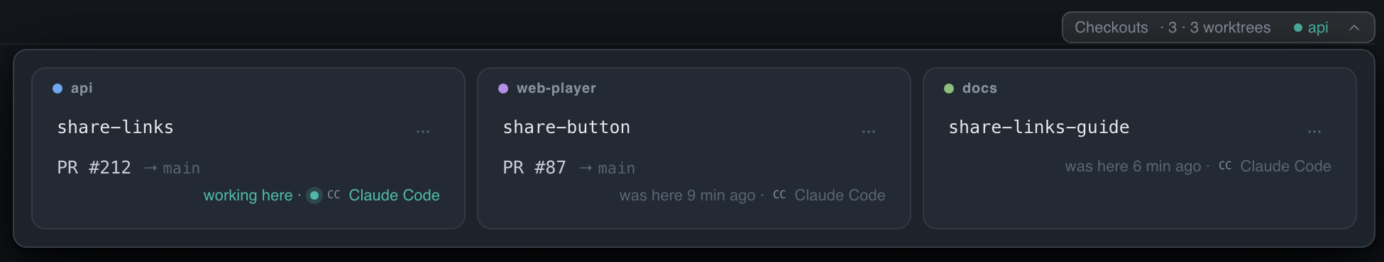 Three rooms: api on share-links with its pull request and the agent working there, web-player on share-button with its pull request, and docs on share-links-guide.